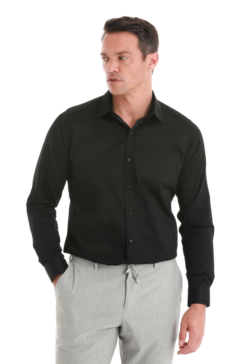 Siyah Slim Fit 100% Pamuk Slim Yaka Uzun Kollu Saten Gömlek - Hatem Saykı (1)