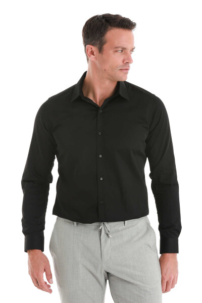 Siyah Slim Fit 100% Pamuk Slim Yaka Uzun Kollu Saten Gömlek - 4