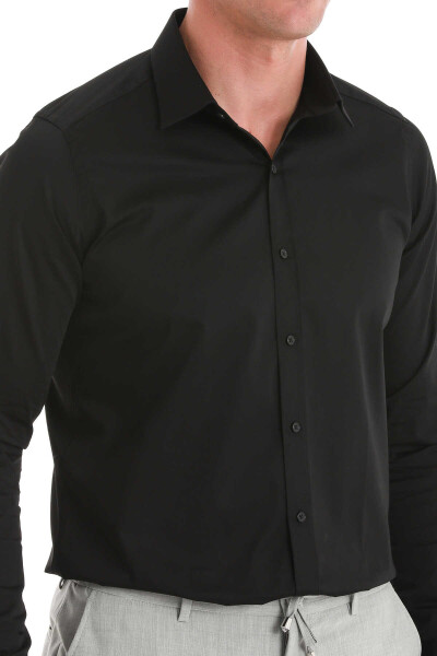 Siyah Slim Fit 100% Pamuk Slim Yaka Uzun Kollu Saten Gömlek - 5