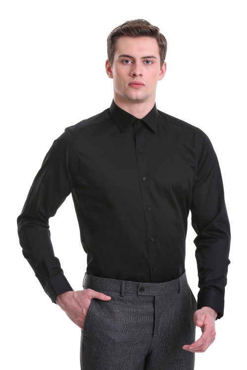 Hatem Saykı - Siyah Slim Fit Düz 100% Pamuklu Slim Yaka Uzun Kollu Casual Saten Gömlek