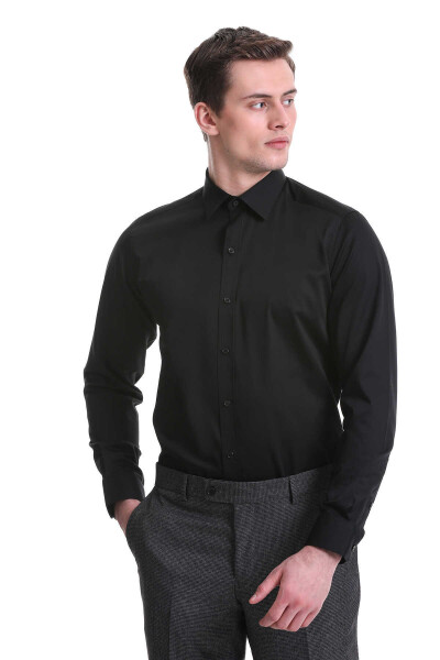 Siyah Slim Fit 100% Pamuklu Slim Yaka Uzun Kollu Casual Saten Gömlek - 9