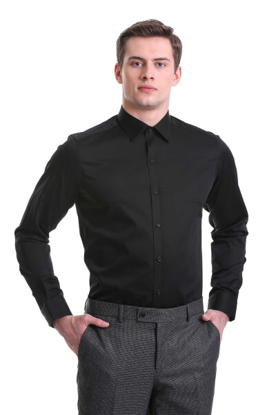 Siyah Slim Fit 100% Pamuklu Slim Yaka Uzun Kollu Casual Saten Gömlek - 10