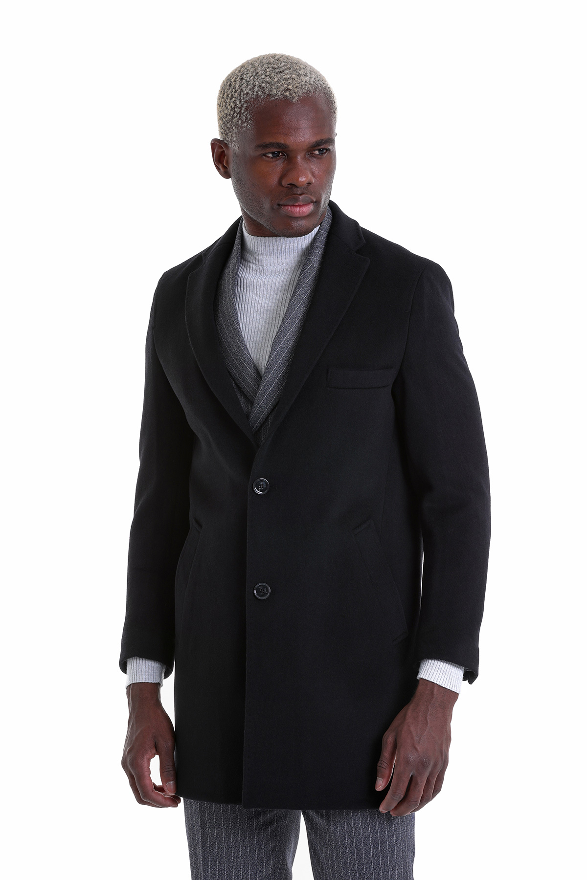 Siyah Slim Fit Düz Mono Yaka Yünlü Kaşe Palto