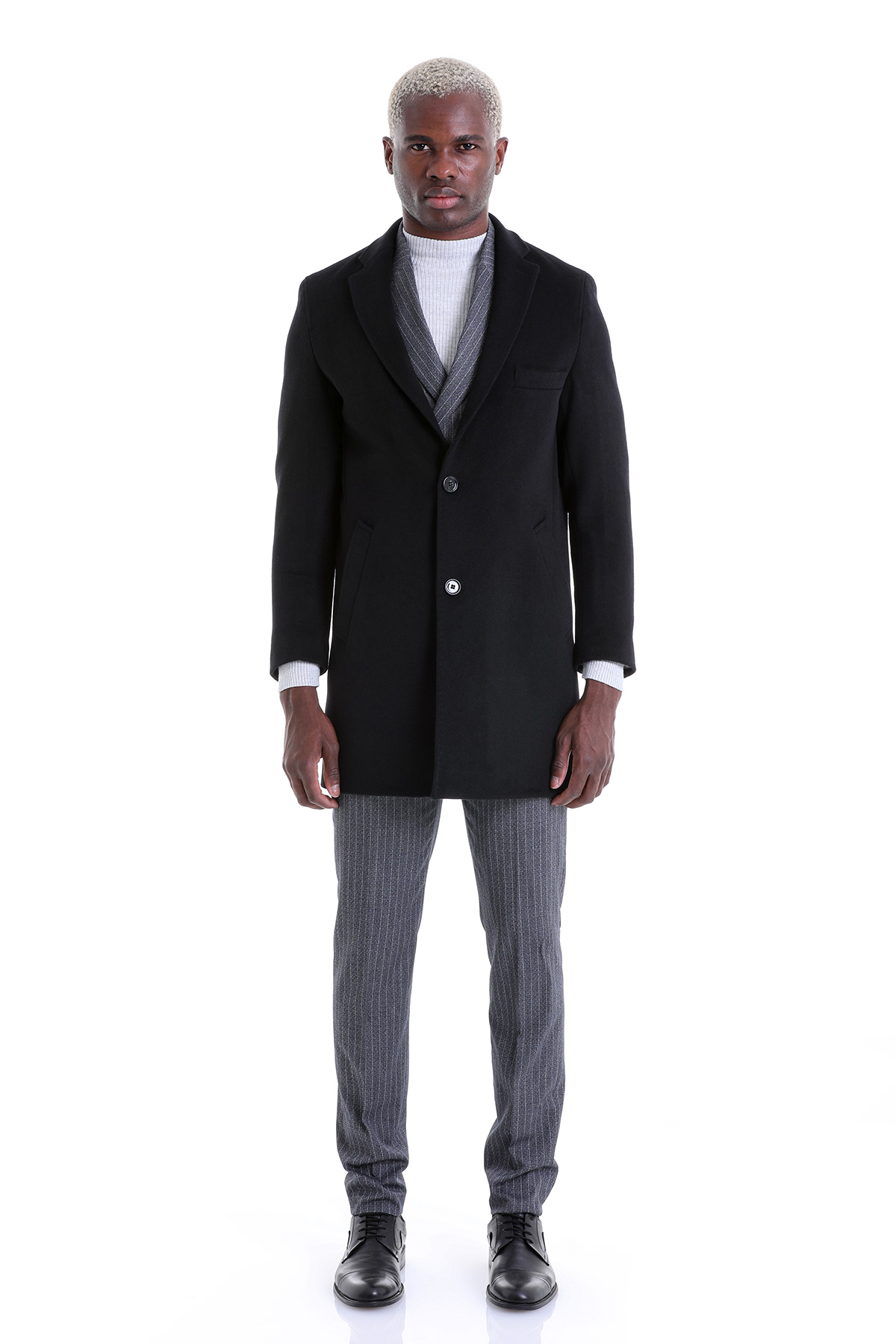 Siyah Slim Fit Düz Mono Yaka Yünlü Kaşe Palto