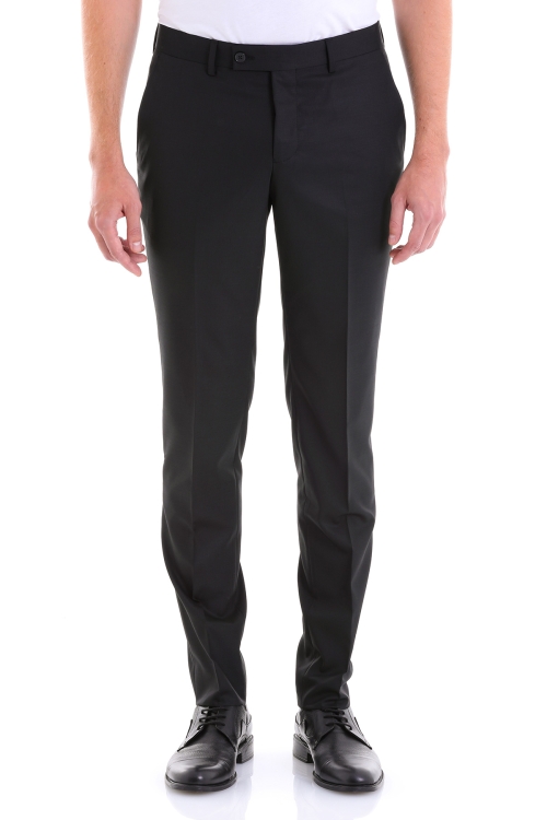 Hatem Saykı - Siyah Dinamik Fit Düz Yandan Cep Yünlü Kumaş Pantolon