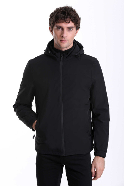 Siyah Slim Fit Hakim Yaka Kapüşonlu Kaz Tüyü Mont 