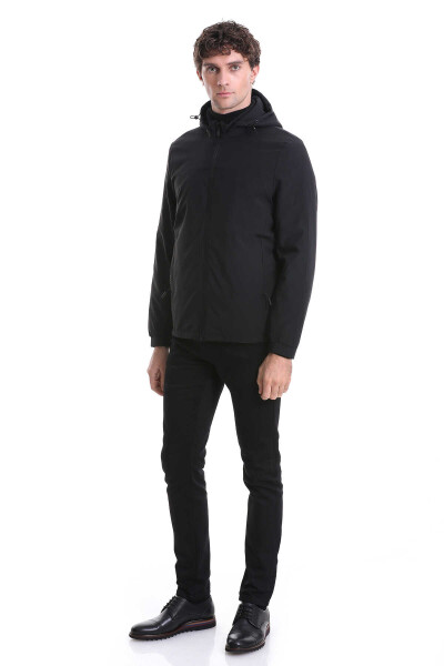 Siyah Slim Fit Hakim Yaka Kapüşonlu Kaz Tüyü Mont - 2