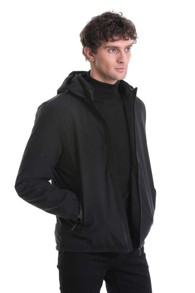Siyah Slim Fit Hakim Yaka Kapüşonlu Kaz Tüyü Mont - 3