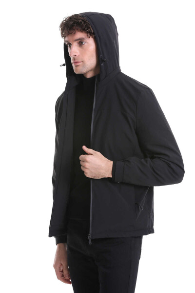 Siyah Slim Fit Hakim Yaka Kapüşonlu Kaz Tüyü Mont - 4