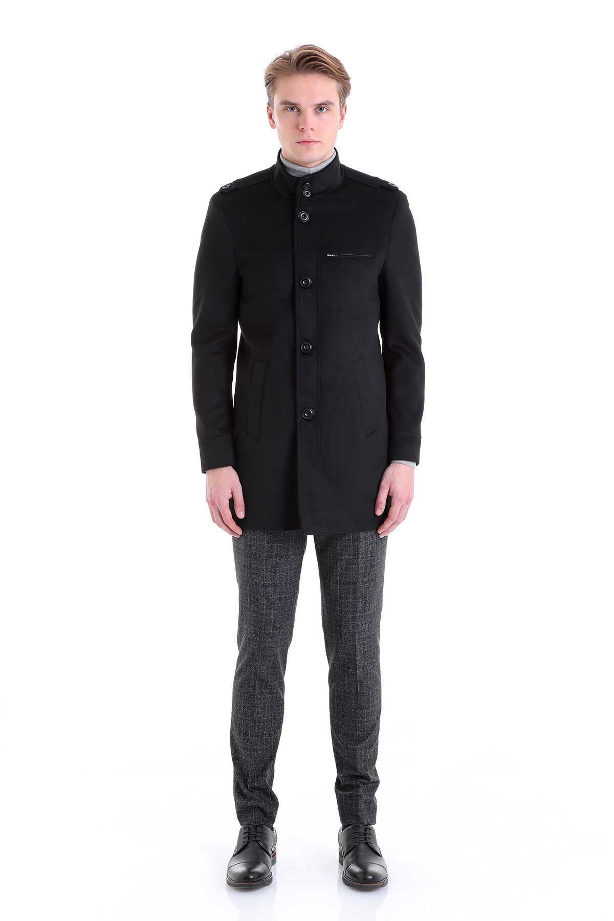 Siyah Slim Fit Hakim Yaka Palto - 4