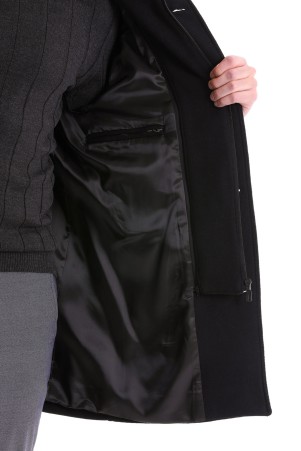 Siyah Slim Fit Düz Hakim Yaka İçlikli Yün Palto - Thumbnail