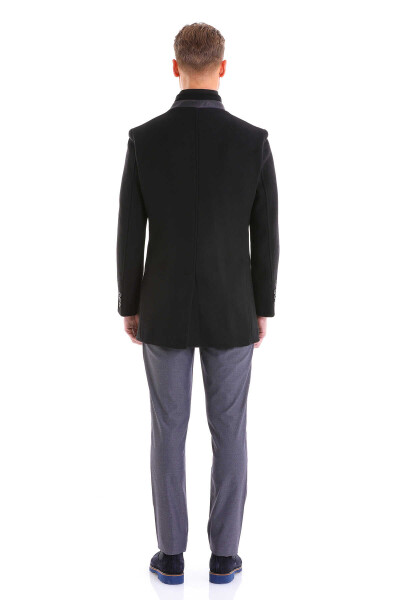 Siyah Slim Fit Hakim Yaka İçlikli Yün Palto - 15