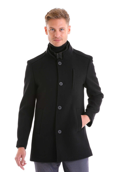 Siyah Slim Fit Hakim Yaka İçlikli Yün Palto 