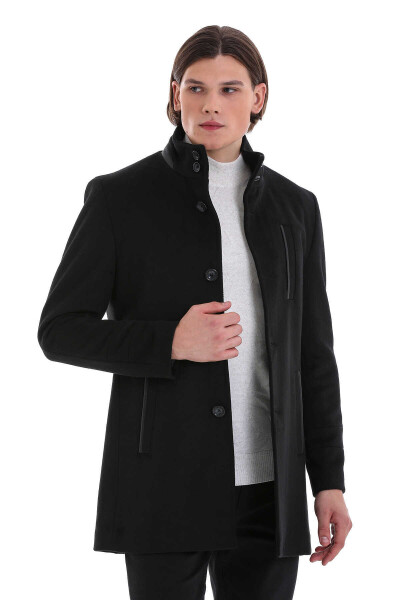 Siyah Slim Fit Hakim Yaka Yünlü Basic Palto - 3