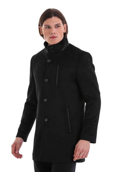 Siyah Slim Fit Hakim Yaka Yünlü Basic Palto - 4