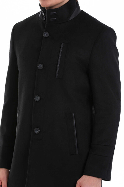 Siyah Slim Fit Hakim Yaka Yünlü Basic Palto - 5