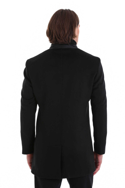Siyah Slim Fit Hakim Yaka Yünlü Basic Palto - 7