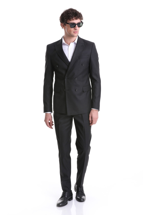HTML - Siyah Slim Fit Düz Kruvaze Klasik Takım Elbise