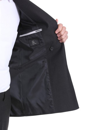 Siyah Slim Fit Düz Kruvaze Klasik Takım Elbise - Thumbnail