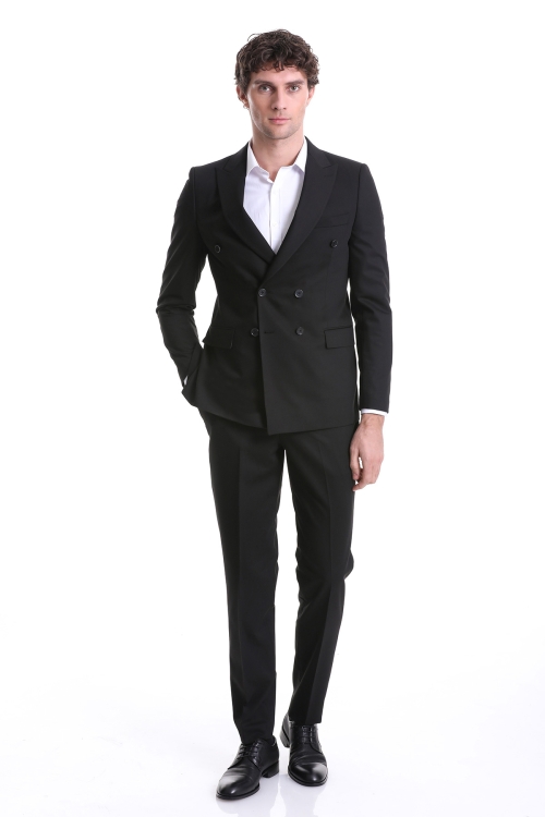 Hatemoğlu - Siyah Slim Fit Düz Kruvaze Klasik Takım Elbise