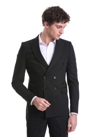 Siyah Slim Fit Düz Kruvaze Klasik Takım Elbise - Thumbnail
