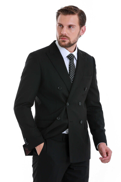 Siyah Slim Fit Kruvaze Klasik Takım Elbise - 4