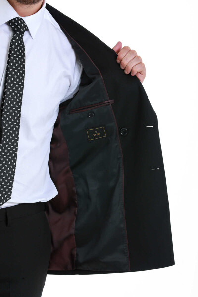 Siyah Slim Fit Kruvaze Klasik Takım Elbise - 5