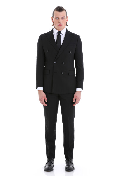 Siyah Slim Fit Kruvaze Klasik Takım Elbise - 1