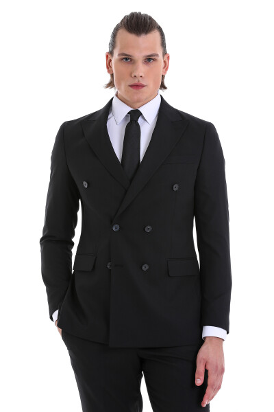 Siyah Slim Fit Kruvaze Klasik Takım Elbise - 2