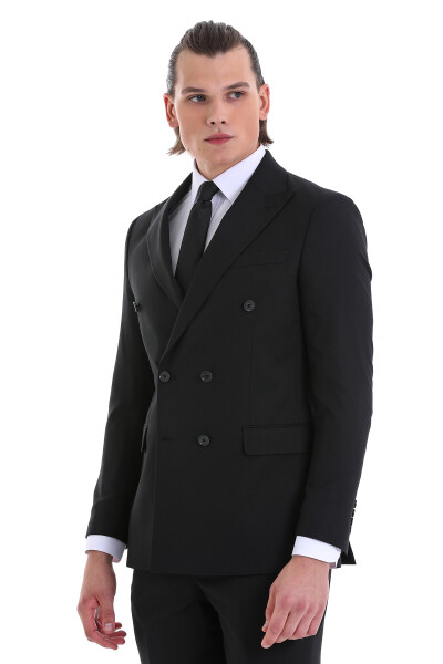 Siyah Slim Fit Kruvaze Klasik Takım Elbise - 3