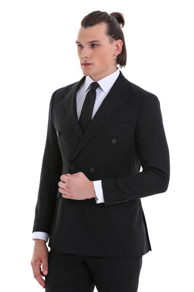 Siyah Slim Fit Kruvaze Klasik Takım Elbise - 4