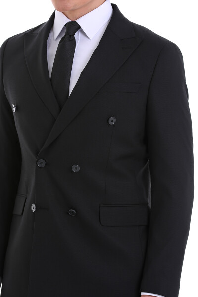 Siyah Slim Fit Kruvaze Klasik Takım Elbise - 5