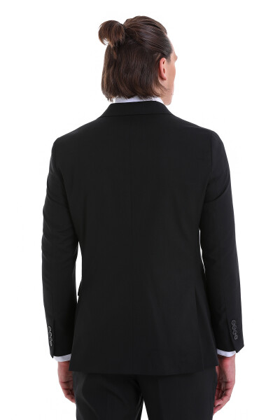 Siyah Slim Fit Kruvaze Klasik Takım Elbise - 7