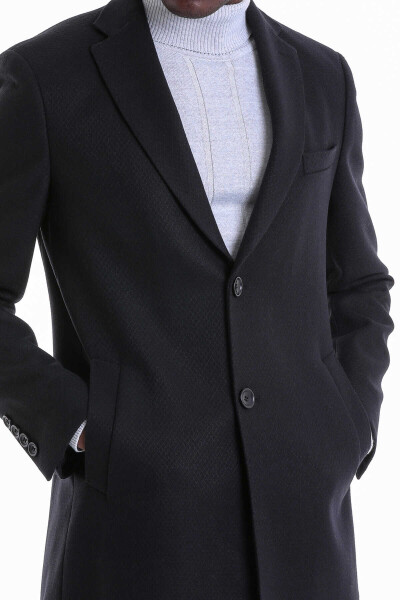 Siyah Slim Fit Mono Yaka Yünlü Kaşe Palto - 7