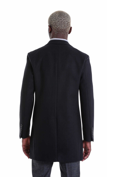 Siyah Slim Fit Mono Yaka Yünlü Kaşe Palto - 11