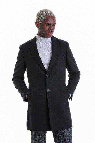 Siyah Slim Fit Mono Yaka Yünlü Kaşe Palto - 2