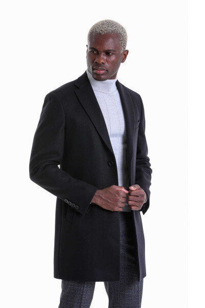 Siyah Slim Fit Mono Yaka Yünlü Kaşe Palto - 4