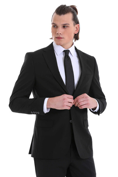 Siyah Slim Fit Mono Yaka Klasik Takım Elbise - 4