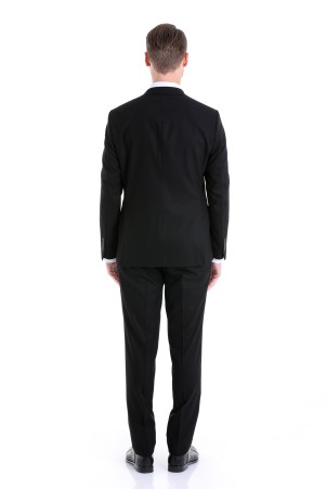 Siyah Slim Fit Düz Mono Yaka Klasik Takım Elbise - Thumbnail