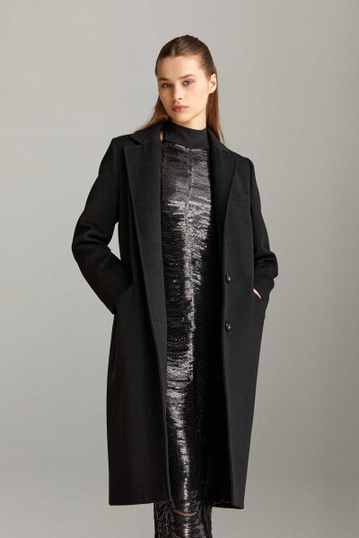 Saykı Woman Siyah Slim Fit Mono Yaka Yünlü Basic Kaşe Isabella Manto - 2