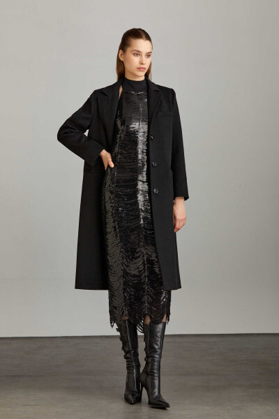 Saykı Woman Siyah Slim Fit Mono Yaka Yünlü Basic Kaşe Isabella Manto - 4