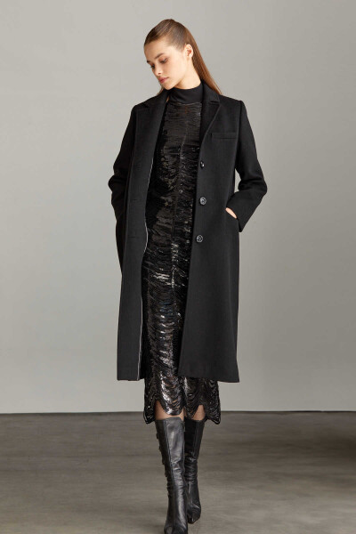 Saykı Woman Siyah Slim Fit Mono Yaka Yünlü Basic Kaşe Isabella Manto - 5