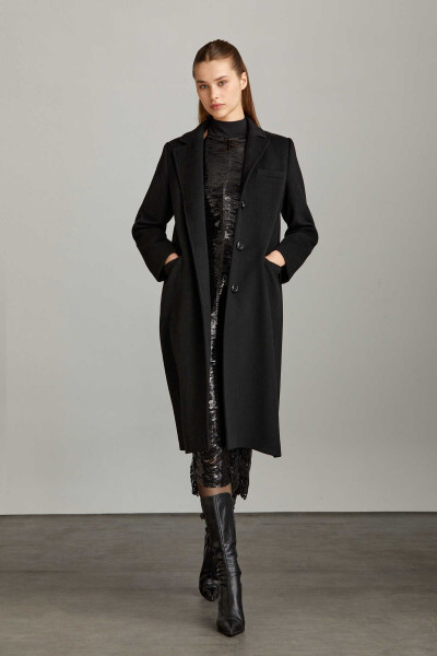 Saykı Woman Siyah Slim Fit Mono Yaka Yünlü Basic Kaşe Isabella Manto - 6