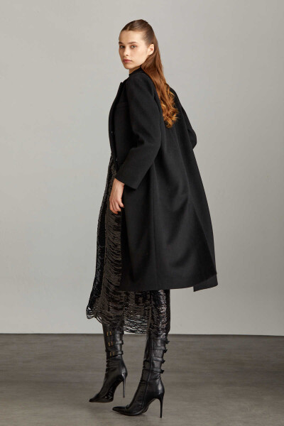 Saykı Woman Siyah Slim Fit Mono Yaka Yünlü Basic Kaşe Isabella Manto - 7