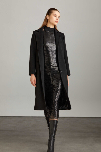 Saykı Woman Siyah Slim Fit Mono Yaka Yünlü Basic Kaşe Isabella Manto - 8