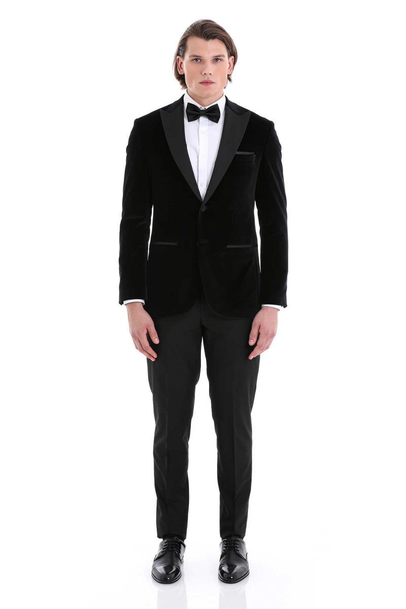 Siyah Slim Fit Sivri Yaka Kadife Klasik Damatlık - Hatem Saykı