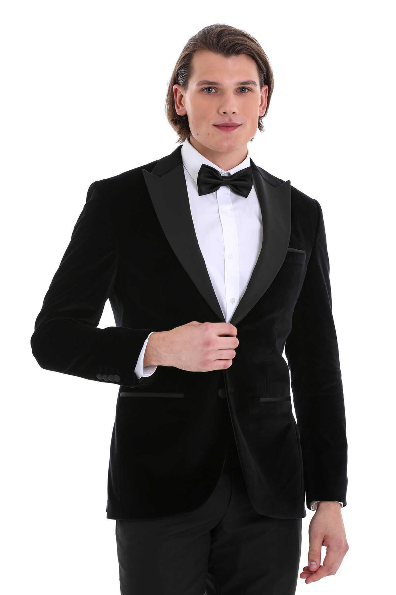 Siyah Slim Fit Sivri Yaka Kadife Klasik Damatlık - Hatem Saykı (1)