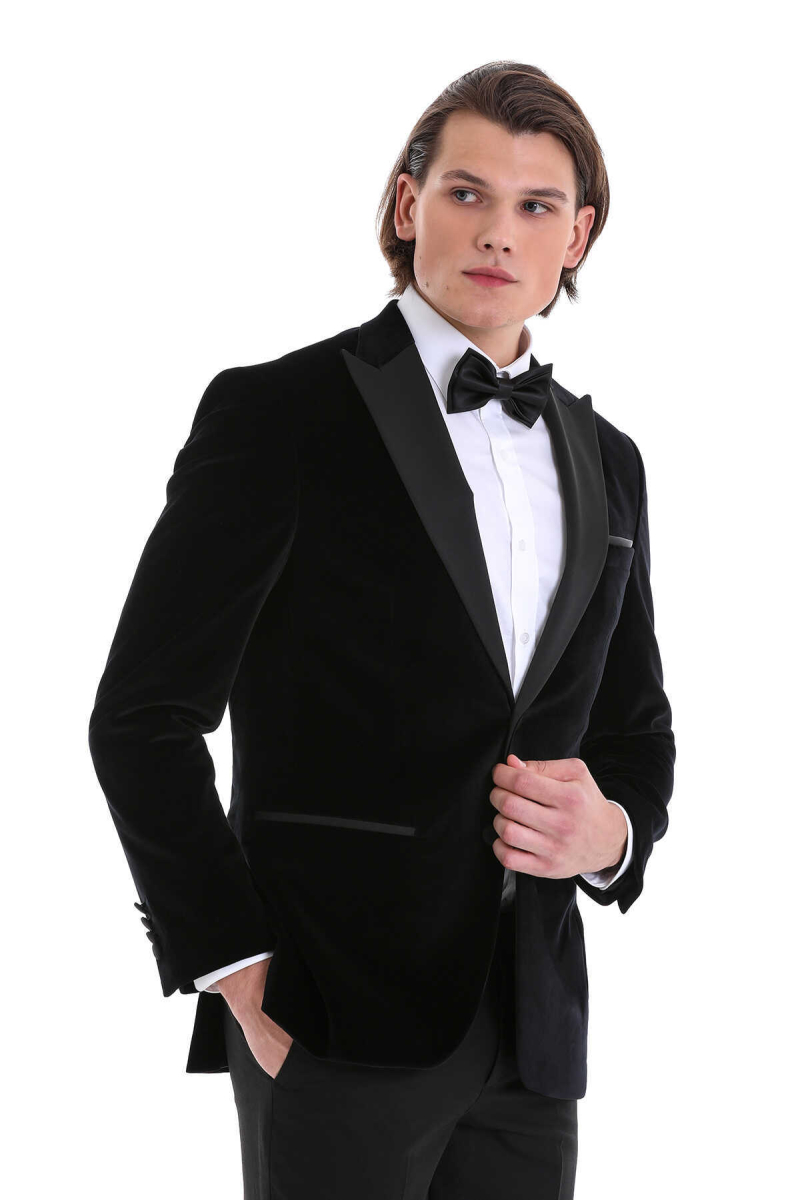 Siyah Slim Fit Sivri Yaka Kadife Klasik Damatlık - Hatem Saykı (1)
