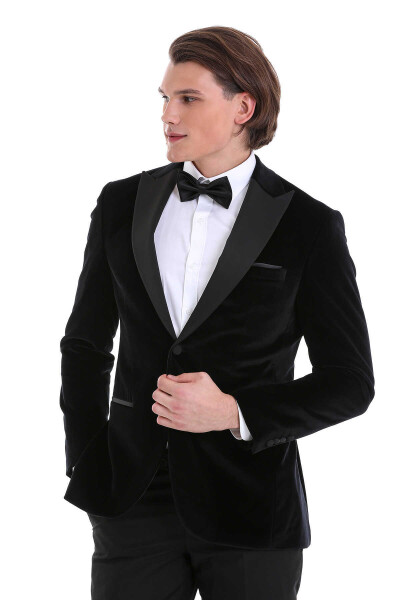 Siyah Slim Fit Sivri Yaka Kadife Klasik Damatlık - 4