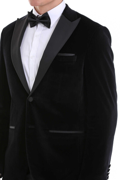 Siyah Slim Fit Sivri Yaka Kadife Klasik Damatlık - 5